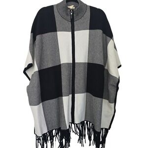Christian Siriano Buffalo Plaid Poncho Zip Up Fringe Hem‎ Cape Shawl X/1X